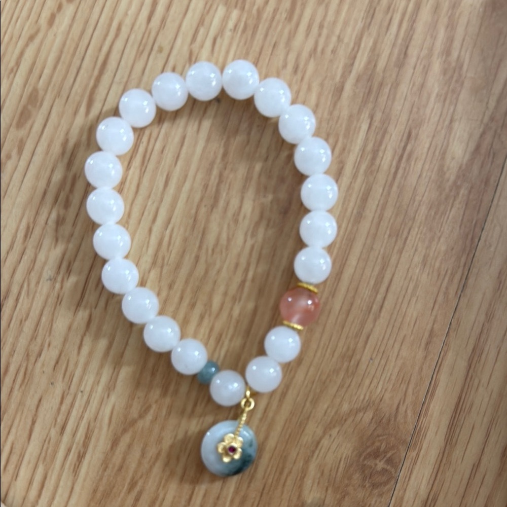 Natural Hetian White Jade&Nanhong Agate Beaded Bracelet with Myanmar Jade Charm